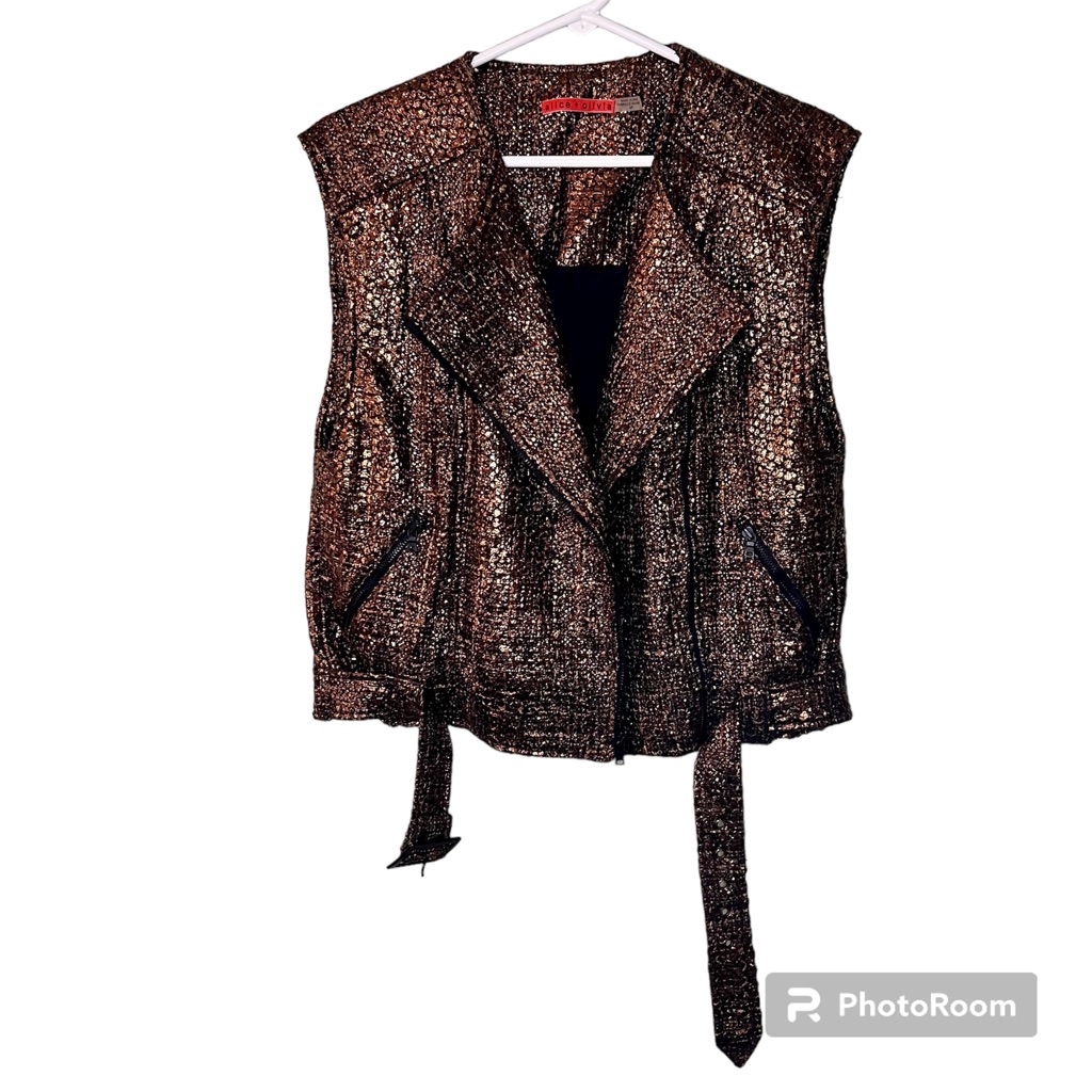 Alice + Olivia Metallic Wool Blend Gold Tweed Moto Vest, Size Small